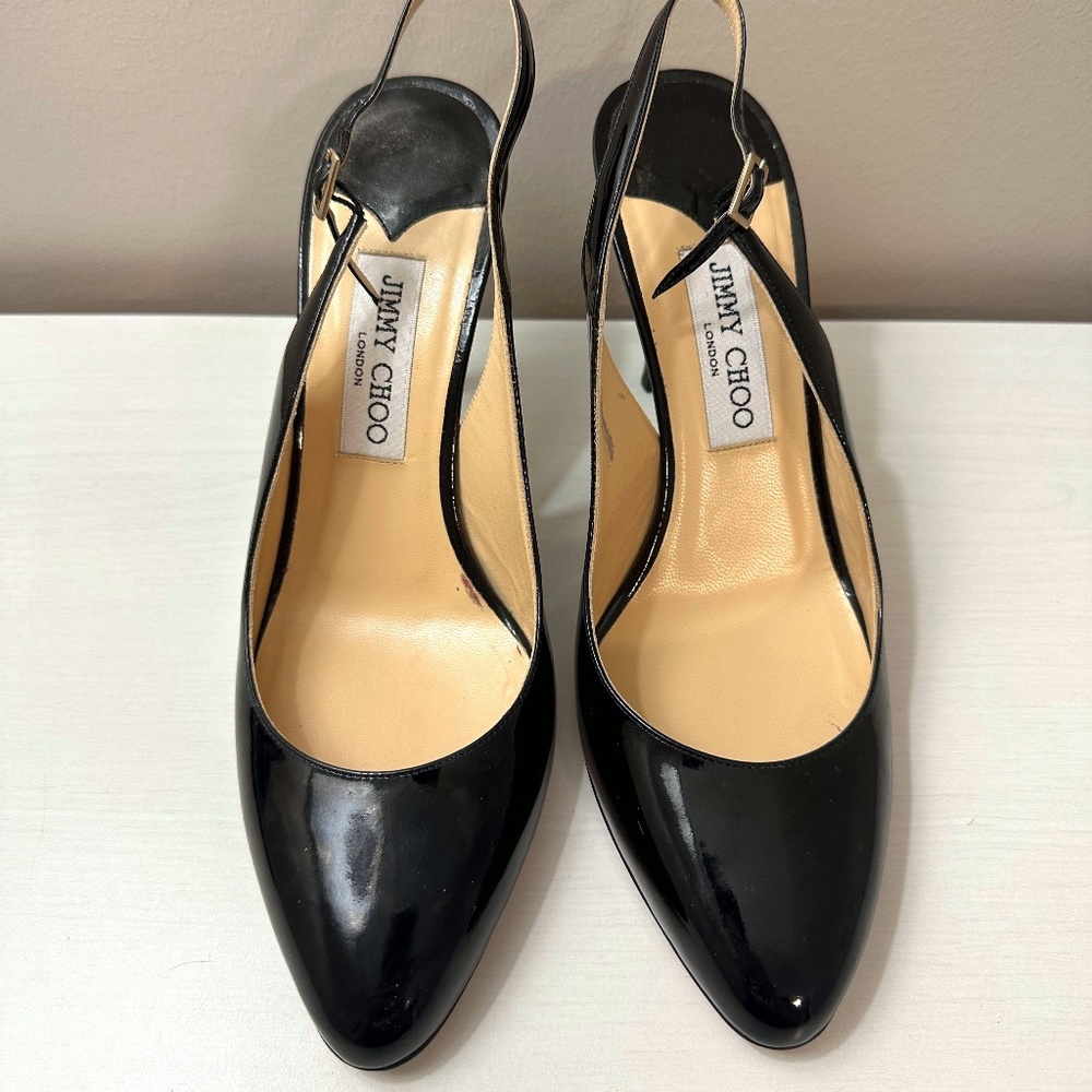 Jimmy Choo Almond Toe Black Patent Slingback Heels size 39